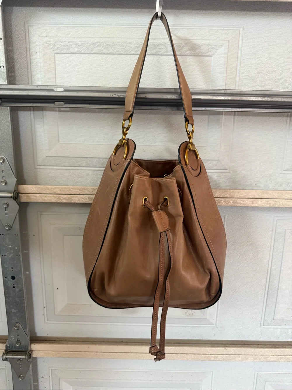 Frye Brown Leather Drawstring Hobo Bag